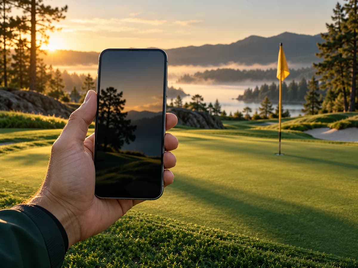 A hand holding a phone to photograph a golf green and flag