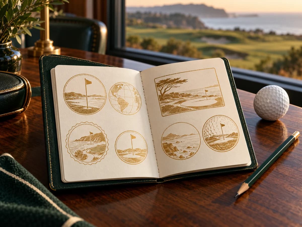 Open emerald passport with gold course stamps on a clubhouse table