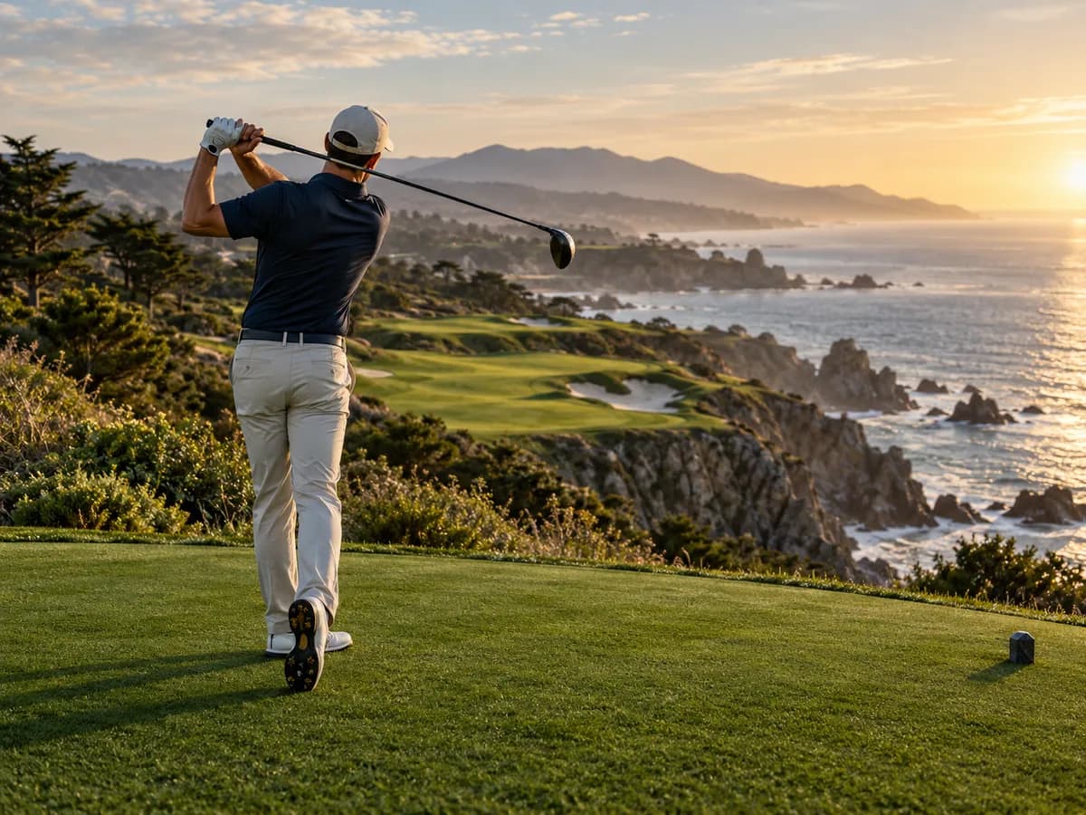 Golfer seen from behind playing a coastal course in warm morning light