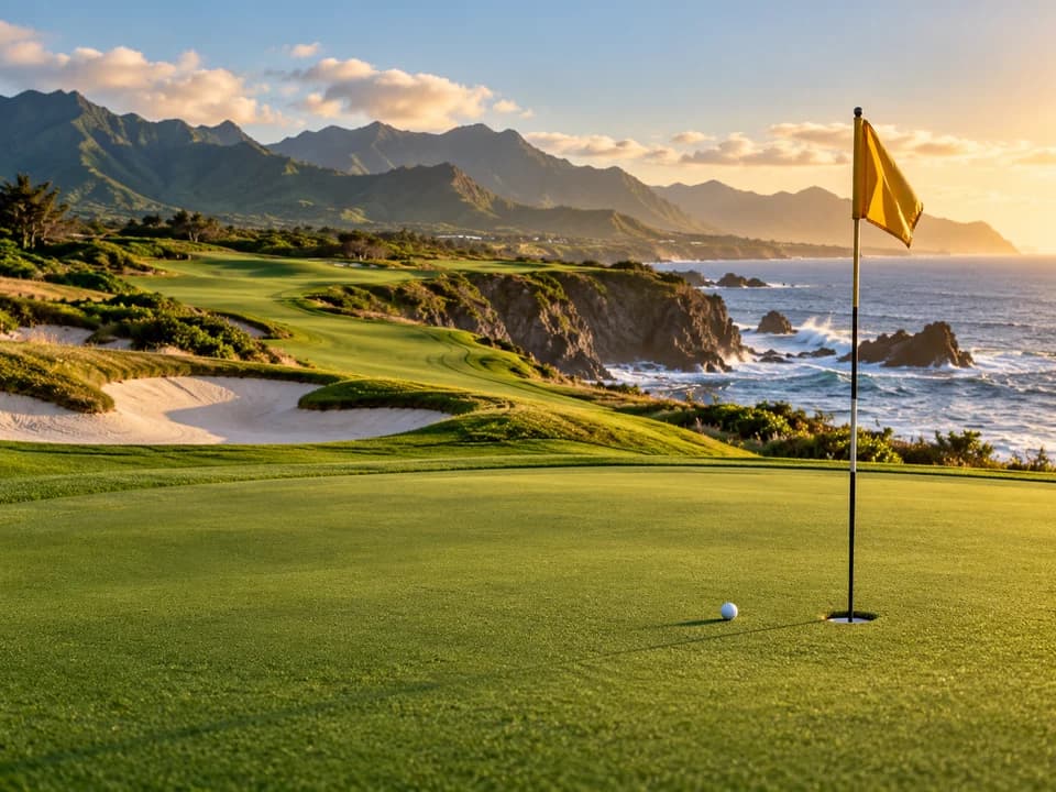 Golden golf flag and ball on a coastal putting green, with fairways and bunkers beyond
